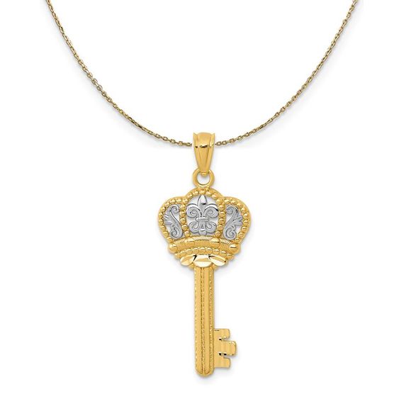14k Yellow Gold & Rhodium Fleur De Lis Crown Key Necklace - 16 Inch